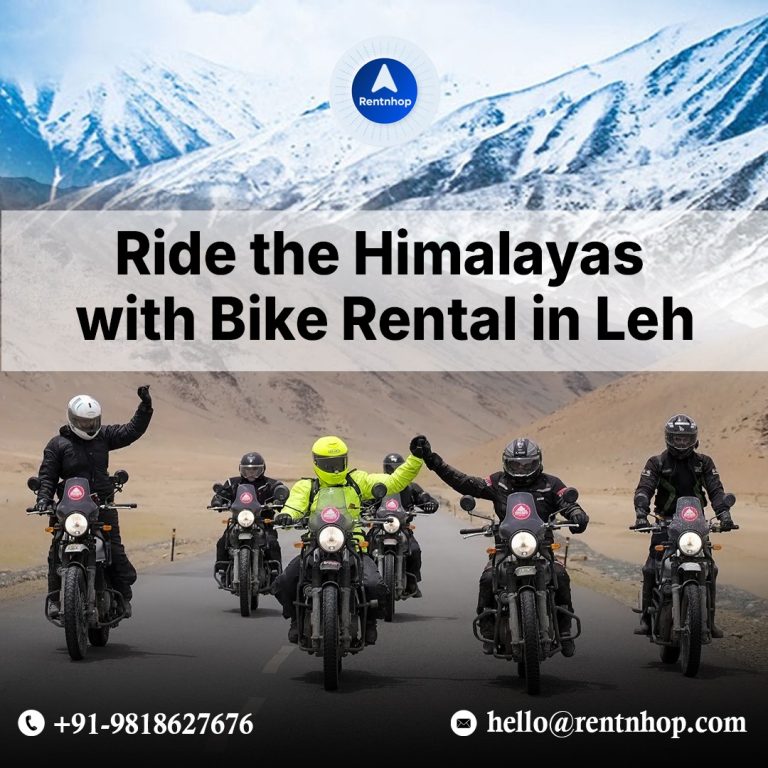 Motorcycle ride in Leh Ladakh mountains during best travel season with bike rental in Leh