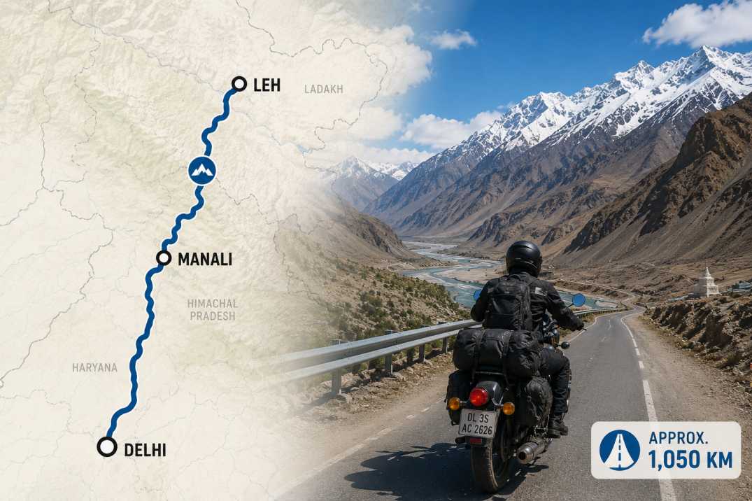 Route Overview Delhi to Leh via Manali (Approx. 1,050 km)